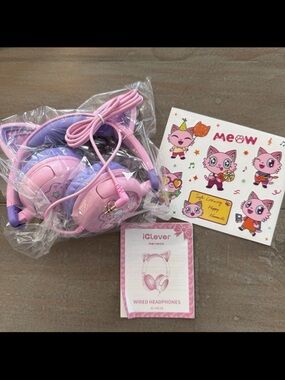 New iClever Meow Lollipop Wired Headphones Purple And Pink With Stickers new